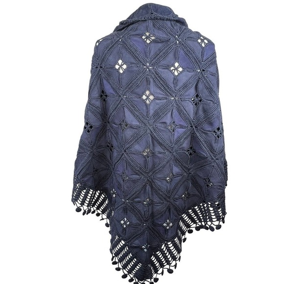 Vintage Navy Blue Leather Suede Crochet Patchwork Fringe Shawl Wrap - Picture 8 of 12